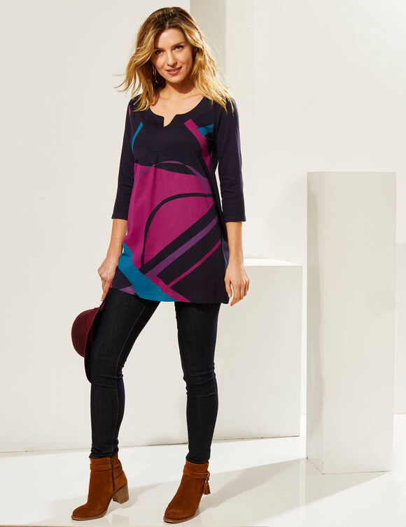 Tunique col V manches 3/4, imprimé graphique (marine / violine) Tunique col V manches 3/4, imprimé graphique (marine / violine)